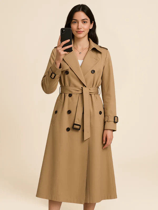 Damen Trenchcoat lang mit Doppelreiher und Bindegürtel - Beige
