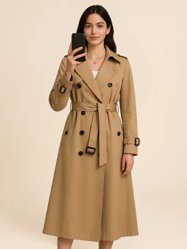 Damen Trenchcoat lang mit Doppelreiher und Bindegürtel - Beige