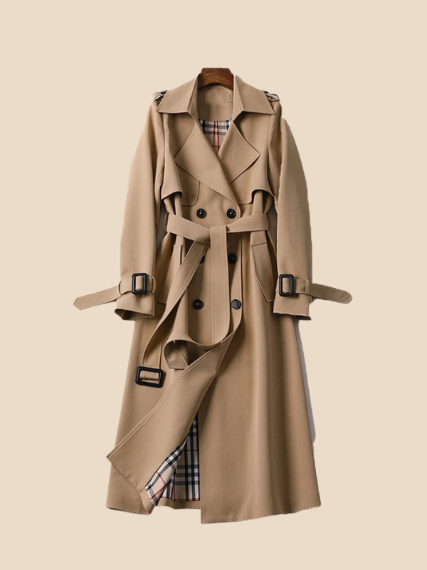 Damen Trenchcoat lang mit Doppelreiher und Bindegürtel