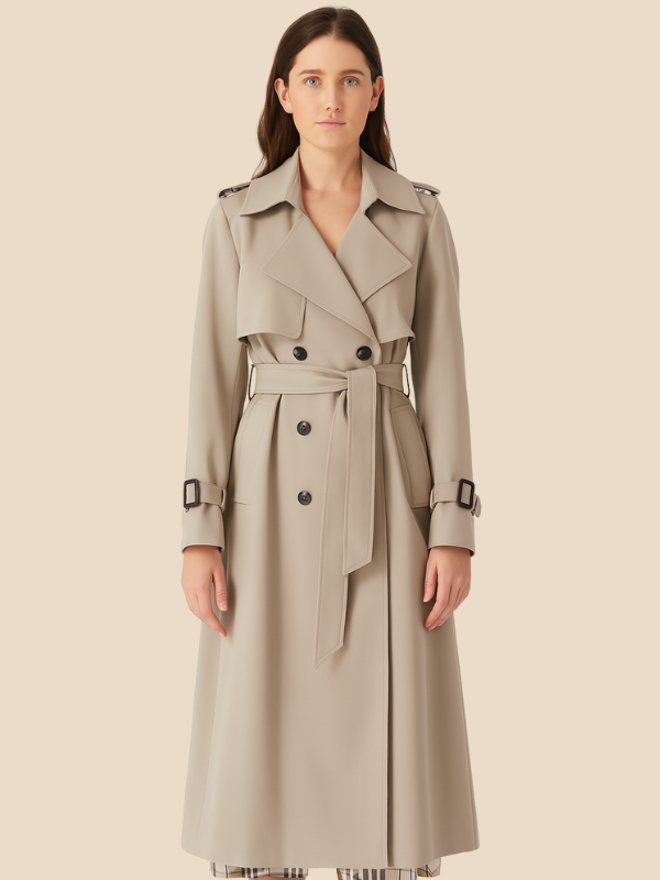 Damen Trenchcoat lang mit Doppelreiher und Bindegürtel - Khaki