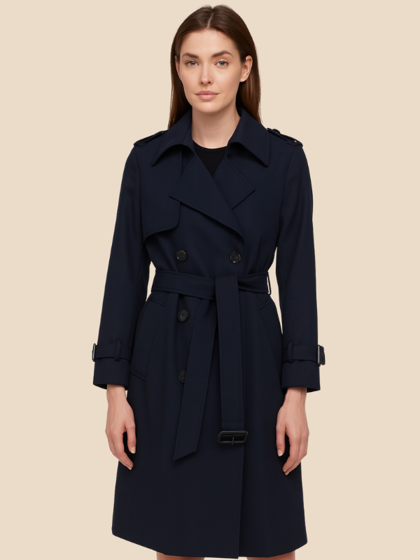 Damen Trenchcoat lang mit Doppelreiher und Bindegürtel - Marineblau
