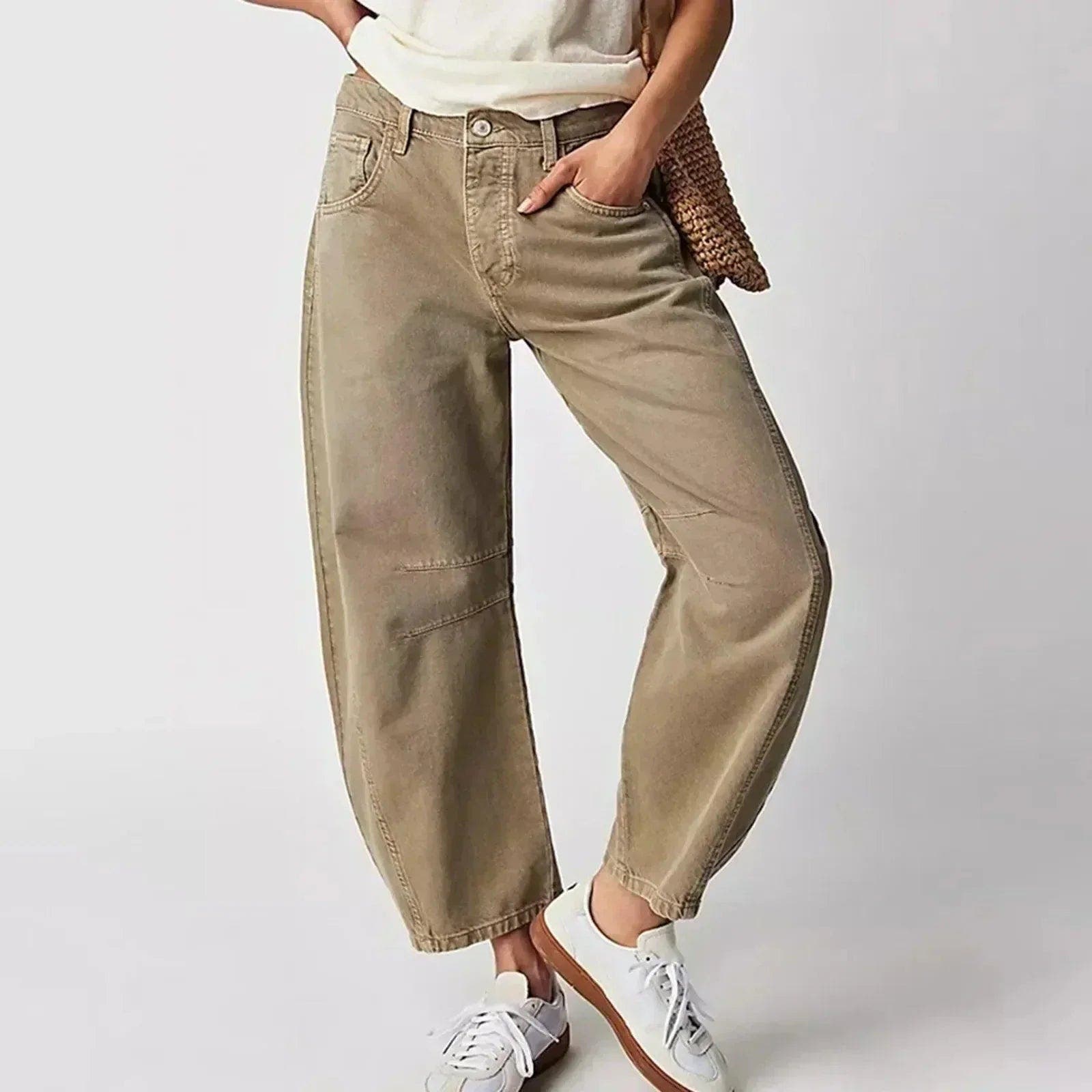 Damen Weite Jeans im Barrel Schnitt mit hohem Bund - Beige