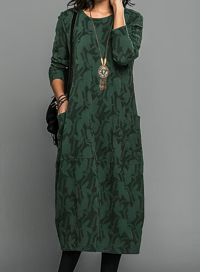 Damen Winterkleid midi mit langen Ärmeln und Taschen - Grün