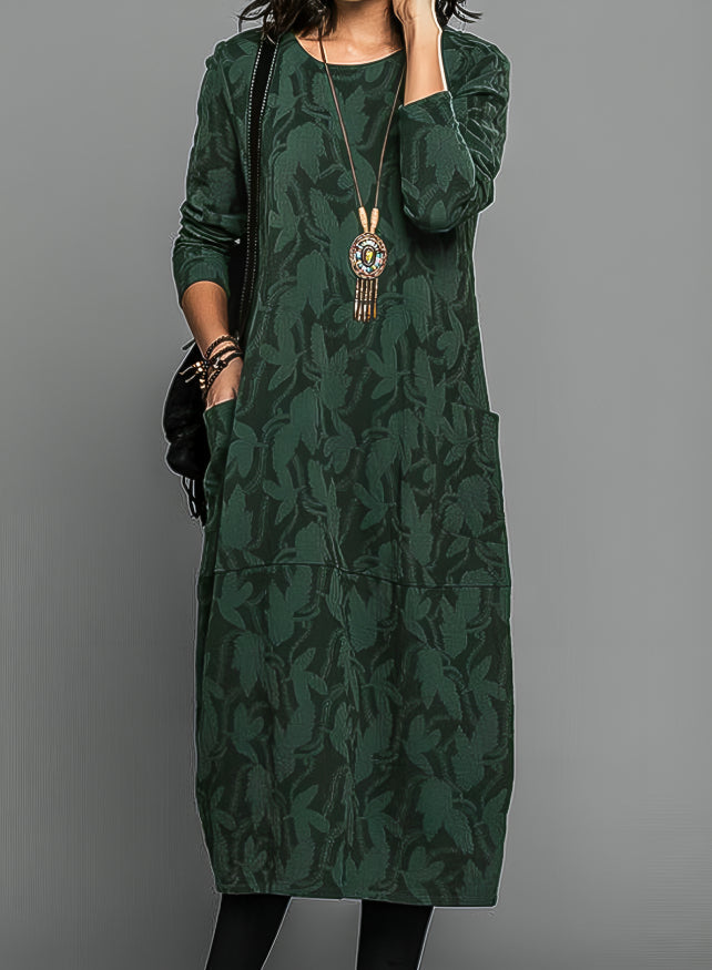 Damen Winterkleid midi mit langen Ärmeln und Taschen - Grün