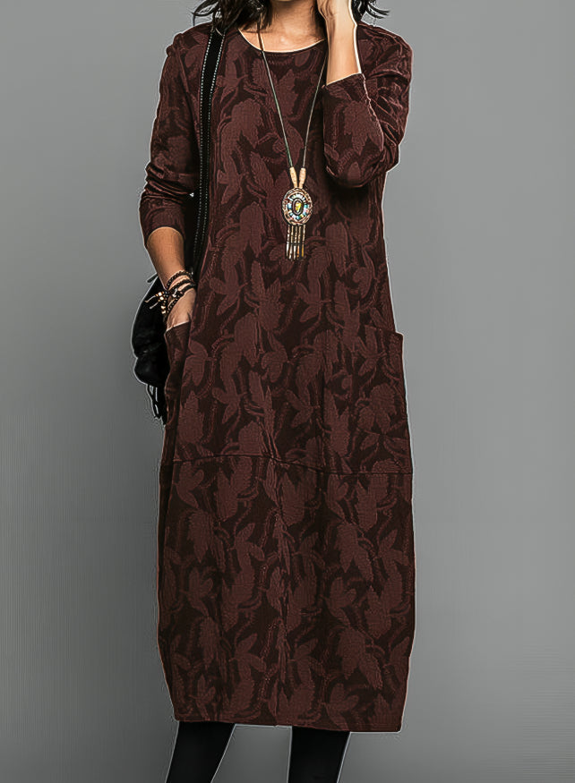 Damen Winterkleid midi mit langen Ärmeln und Taschen - Bordeaux