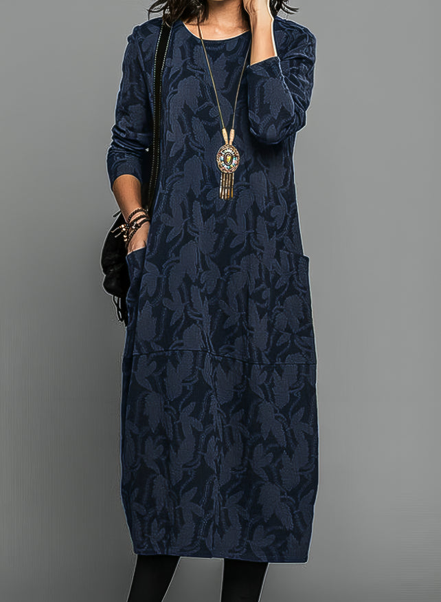 Damen Winterkleid midi mit langen Ärmeln und Taschen - Blau