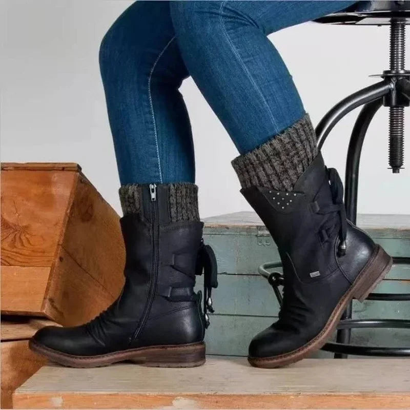 Damen Winterstiefel mit Schnürung und Strickschaft - Schwarz