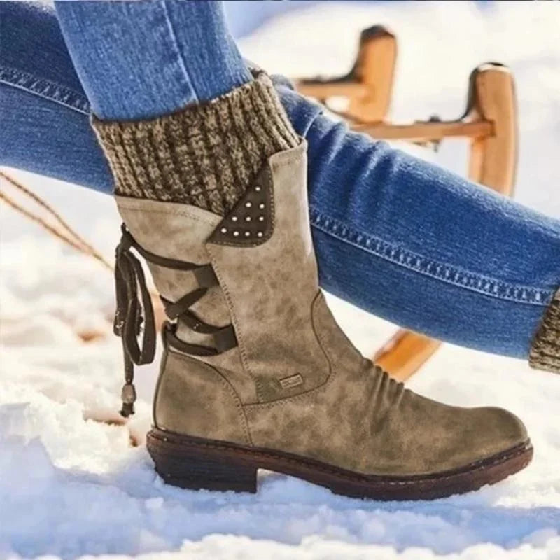 Damen Winterstiefel mit Schnürung und Strickschaft - Khaki