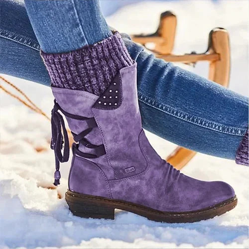 Damen Winterstiefel mit Schnürung und Strickschaft - Lila